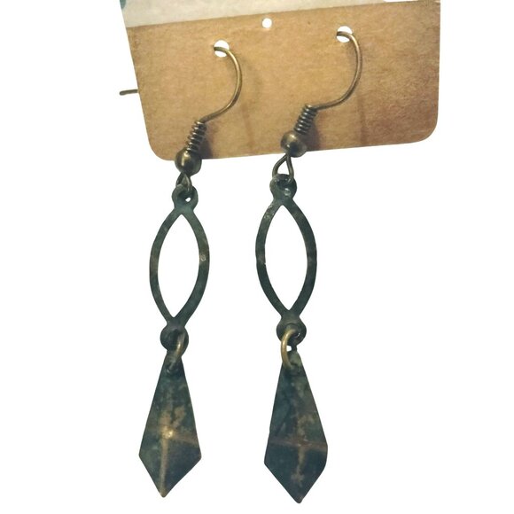 Green Gold Geometric Drop Dangle Earrings Hook Closure Unique Vintage - Picture 3 of 4